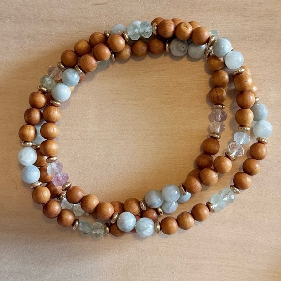 Handmade Jewelry - Natural Wood, Quartz & Fluorite Beaded Stretchy Wrap Bracelet